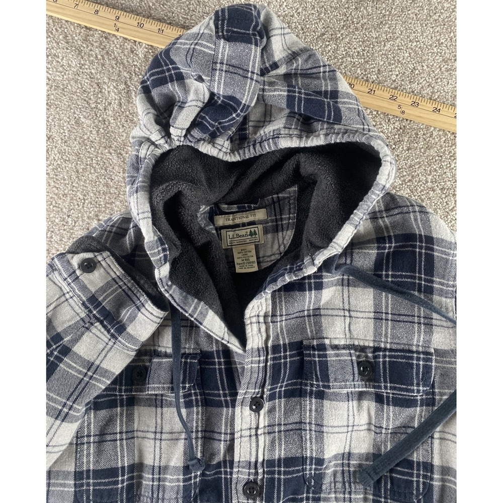 LL Bean Blue/Gray Plaid Shacket Hooded Mens M Cotton Preppy Warm Outdoor Lumber